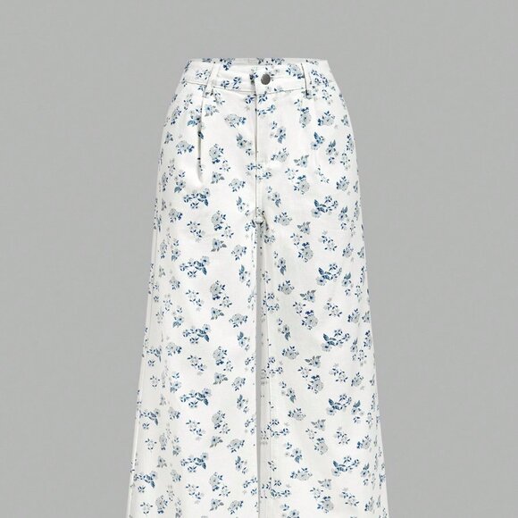 Light Wash Boho Women's Casual Loose Fit Wide Leg Ditsy Floral Jeans - Picture 1 of 6